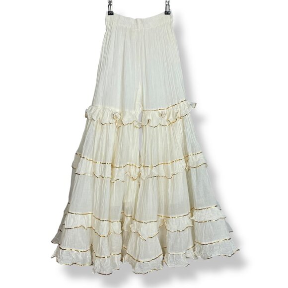 Sharara Bottoms Pants Tiered Gold Trim Flared Voluminous Off-White Elastic Waist - Picture 3 of 16